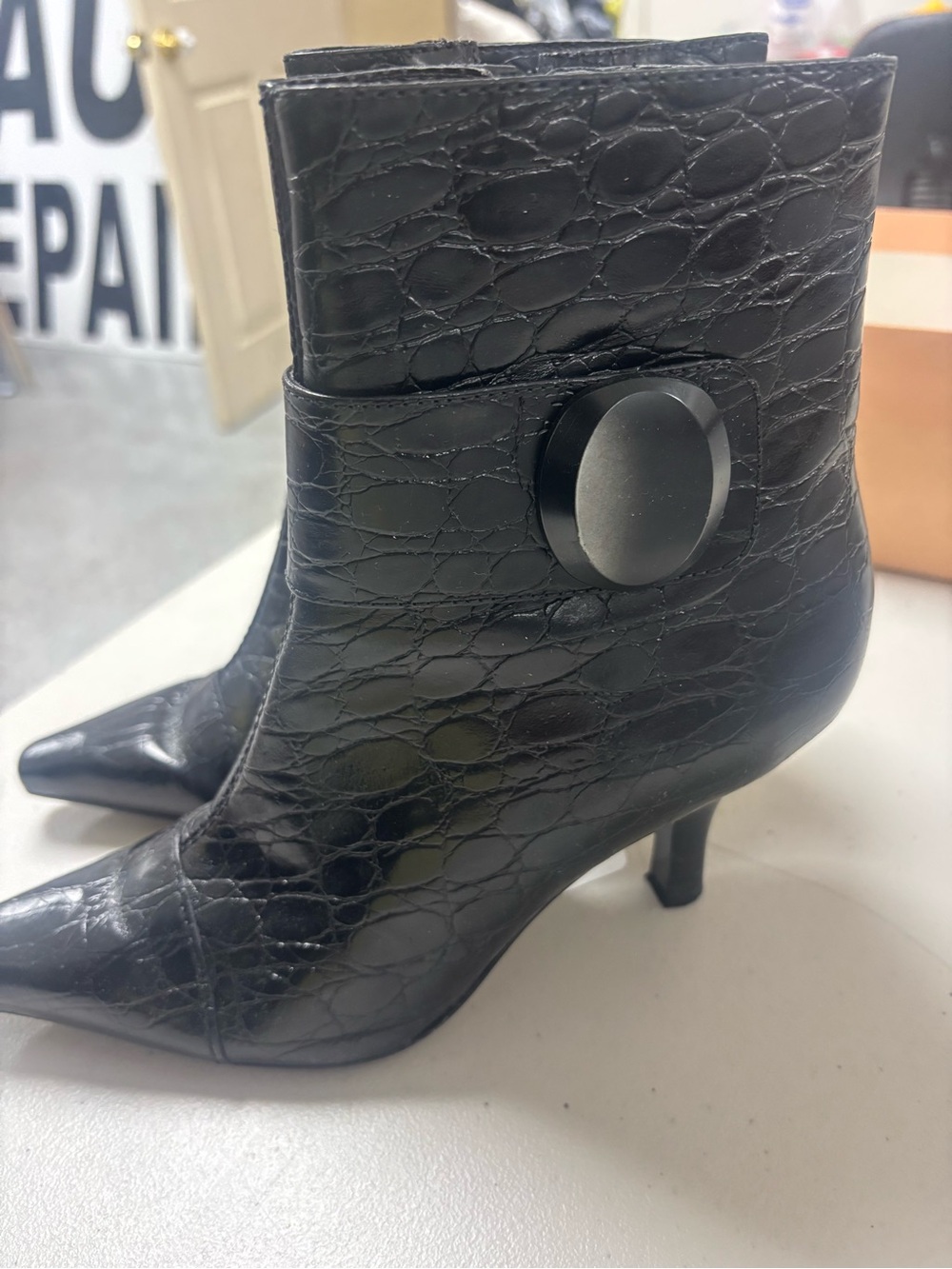 ANTONIO MELANI Black Croc-Embossed Pointed Toe Ankle Booties